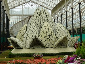 Flower display shaped like the Sydney opera house image